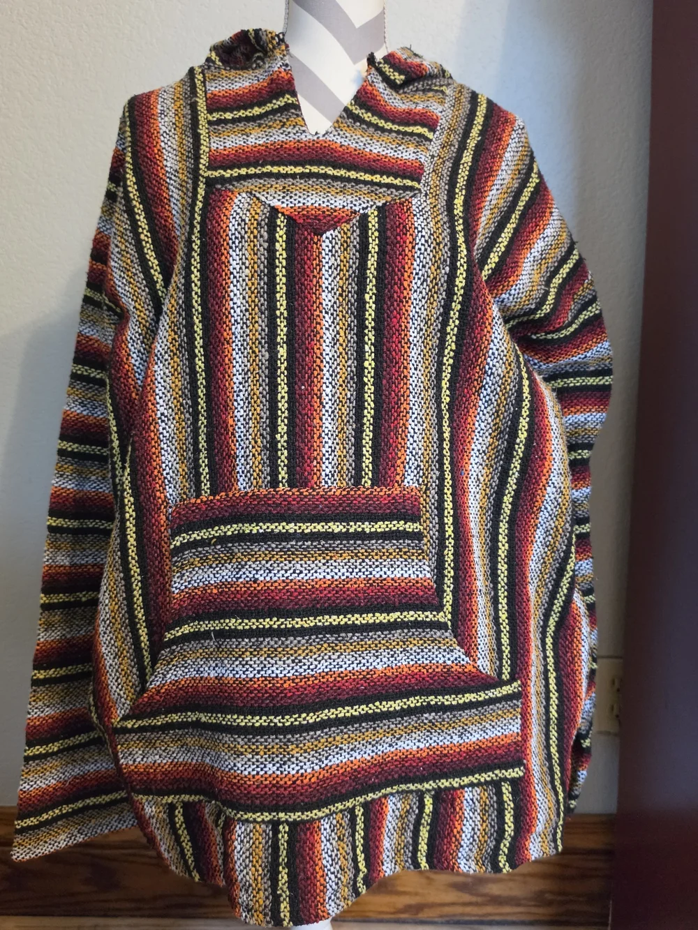 Freestyle Multicolor Striped V-Neck Baja Sweater - Red, Black, Yellow, Cream